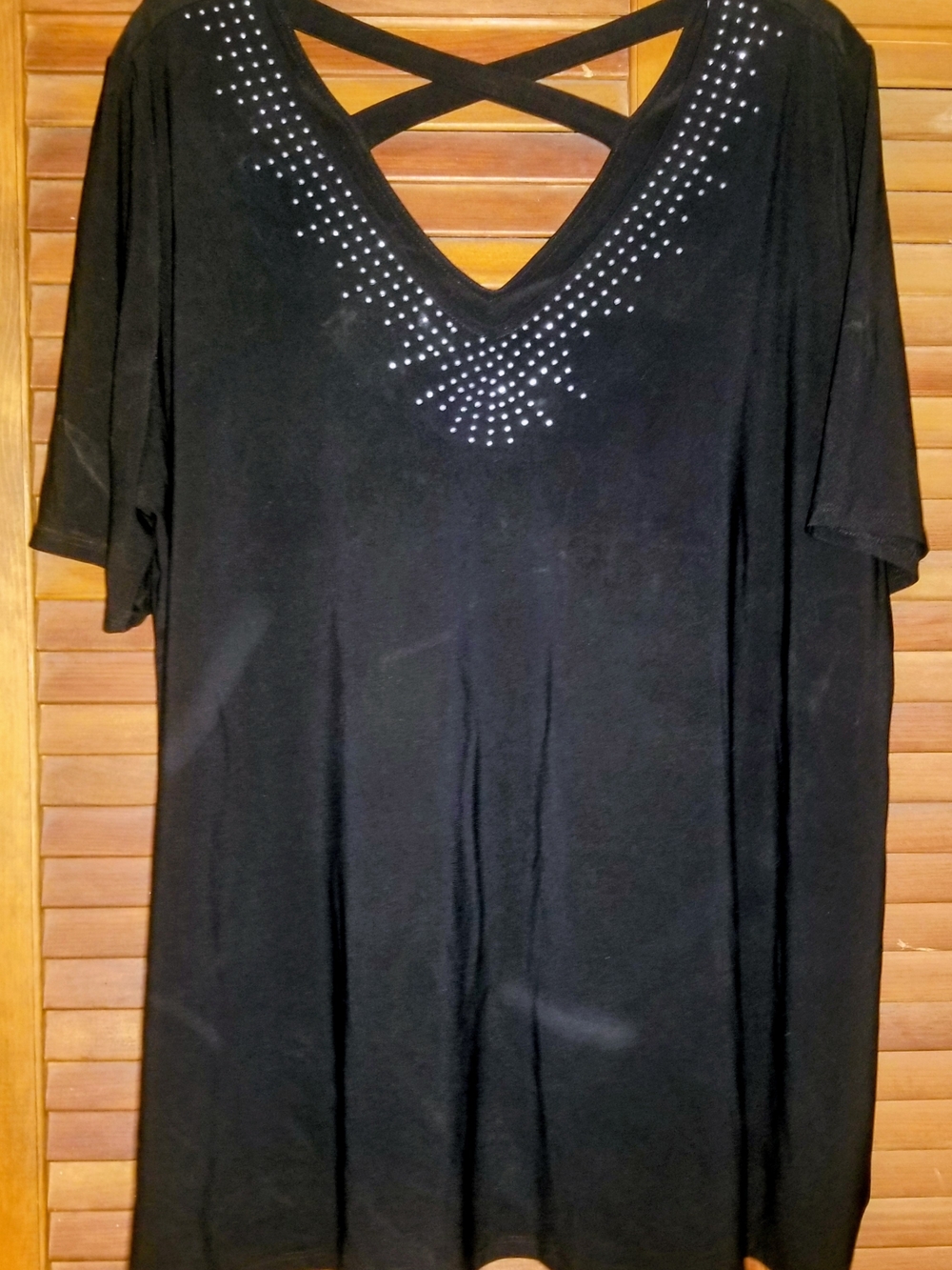Kim Rogers Black V-Neck Short Sleeve Top with Crisscross Back and Stud Accents